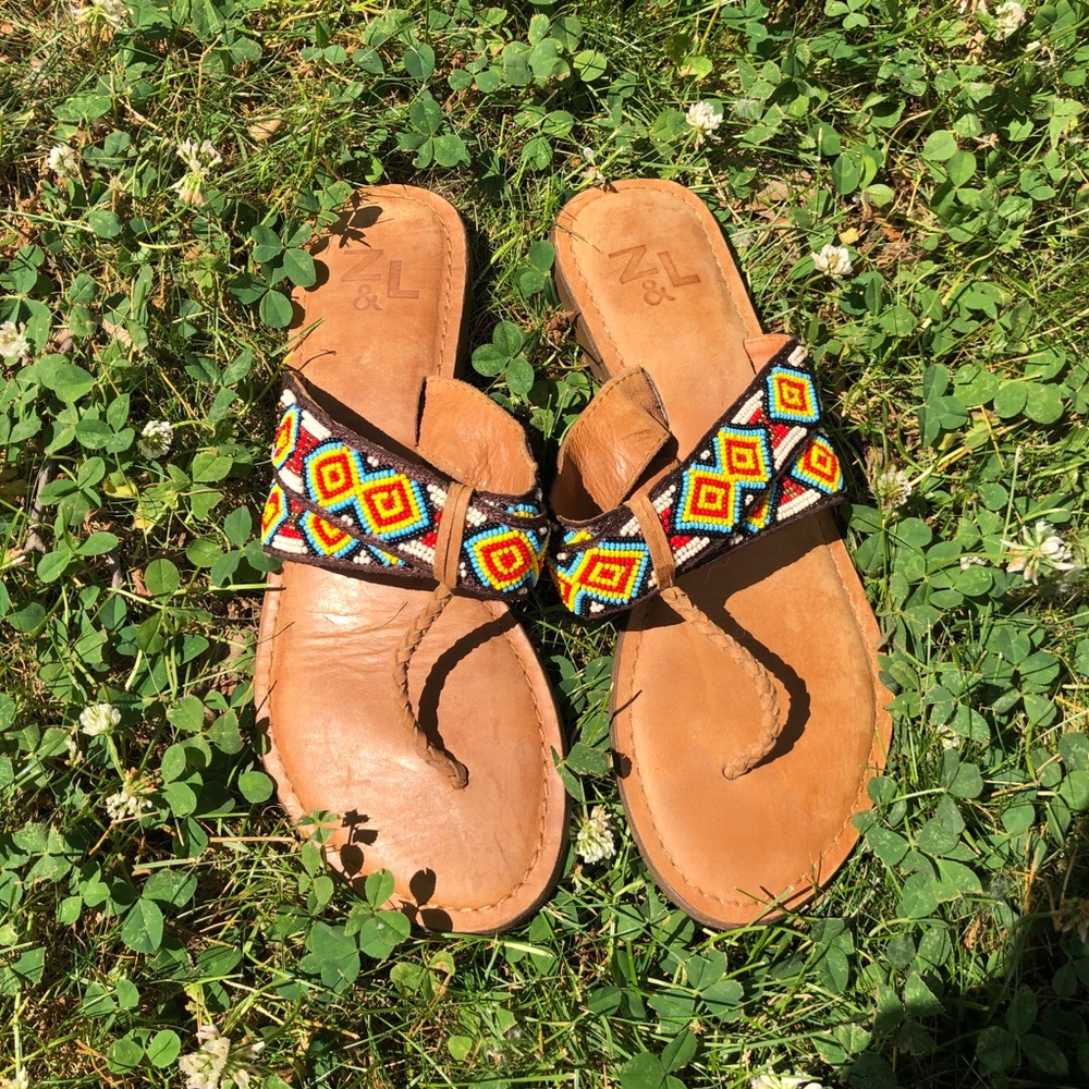 Leather & Beaded Handmade Sandals Size 38